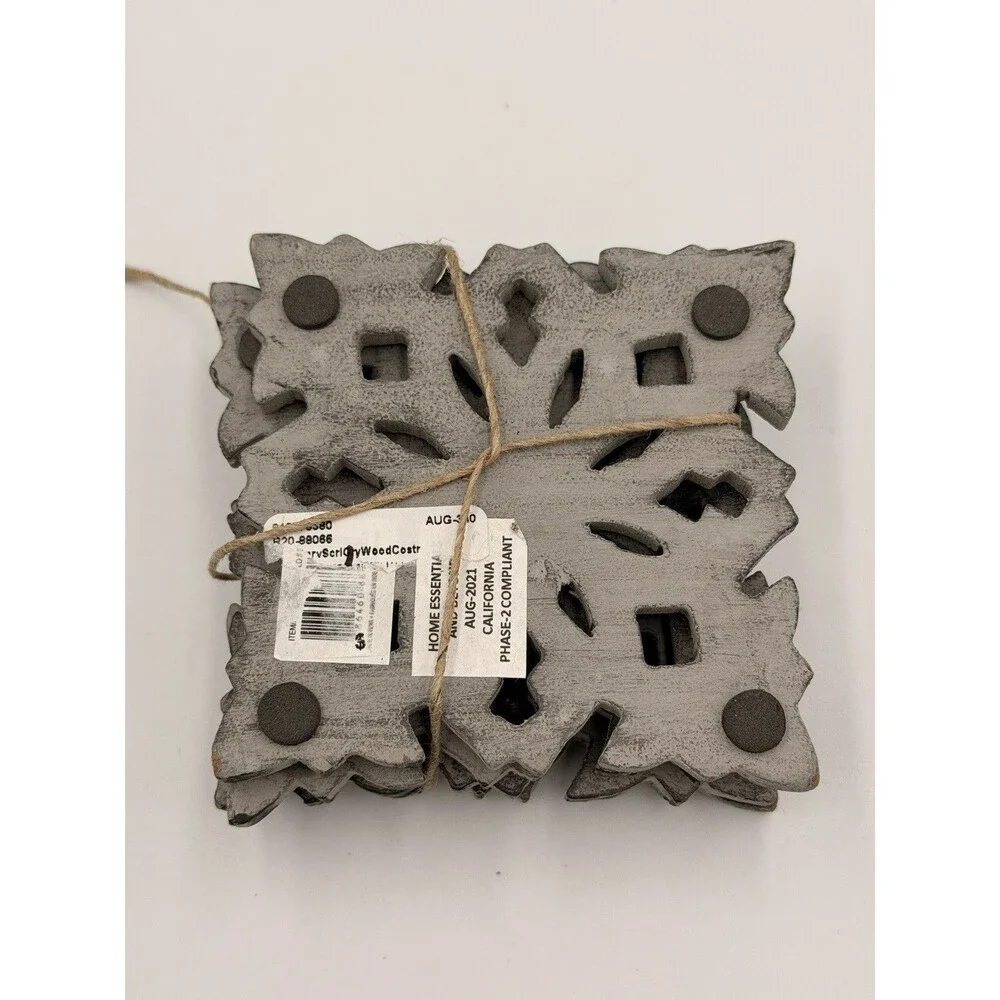 Artisan Market Hand Carved Wood Coasters Gray Distressed Set of 4 Farmhouse 4x4
